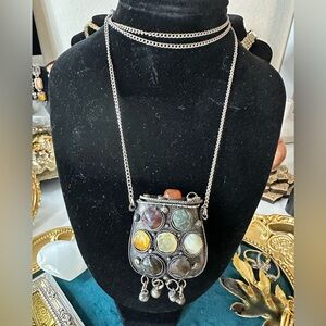 Vintage Silver colored Multi-Stone Pendant Purse Necklace